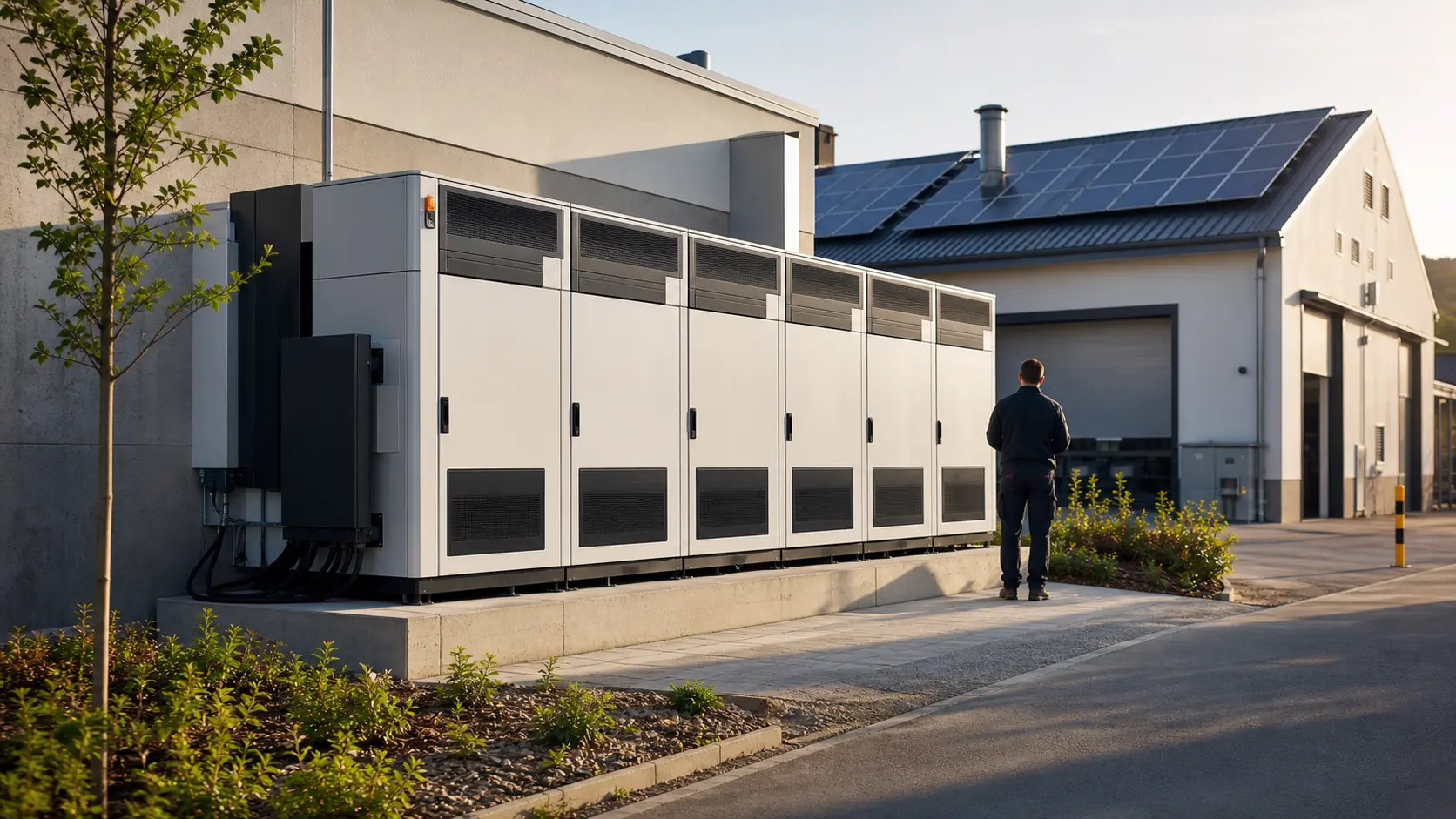 Gewerblicher Batteriespeicher neben einem Produktionsbetrieb mit Photovoltaikanlage